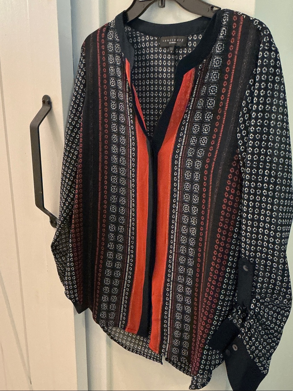Sanctuary Black and Rust Patterned Long-Sleeve Blouse